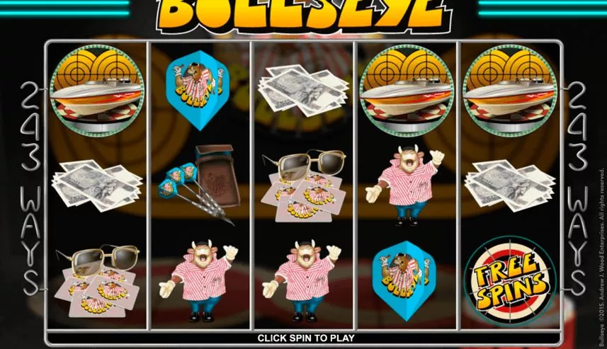 Spelautomaten Bullseye från Microgaming. Vi ser hjulen med dess olika symboler och spelets svarta bakgrund.