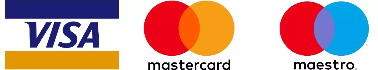 På bilden ser vi logotyperna från betalkorten VISA, Mastercard och Maestro. Bilderna ligger intill varandra på en rad. Bakgrunden är vit.