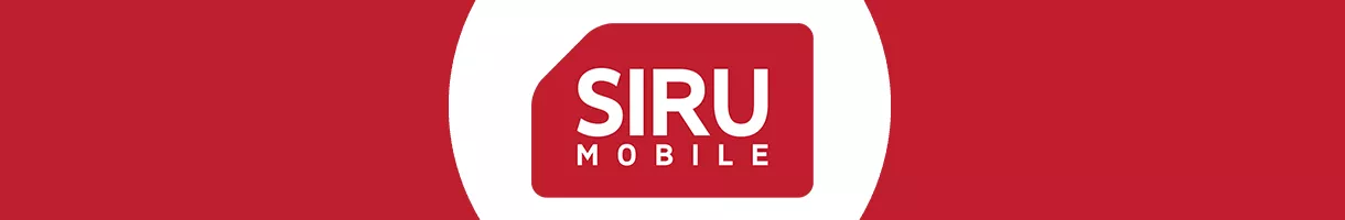 Vinröd banner med en vit cirkel i mitten. Centrerat i den vita cirkeln är Siru mobiles röda logotyp.