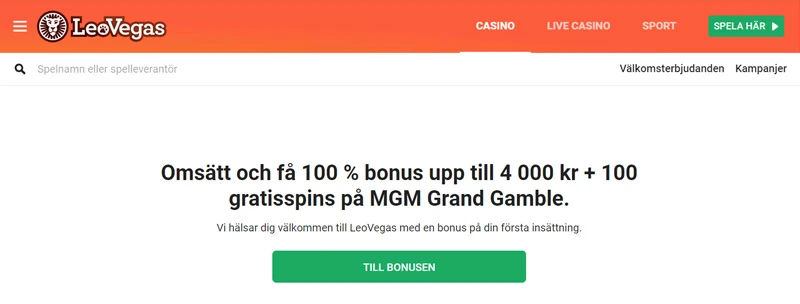 LeoVegas hemsida och free spins bonus.
