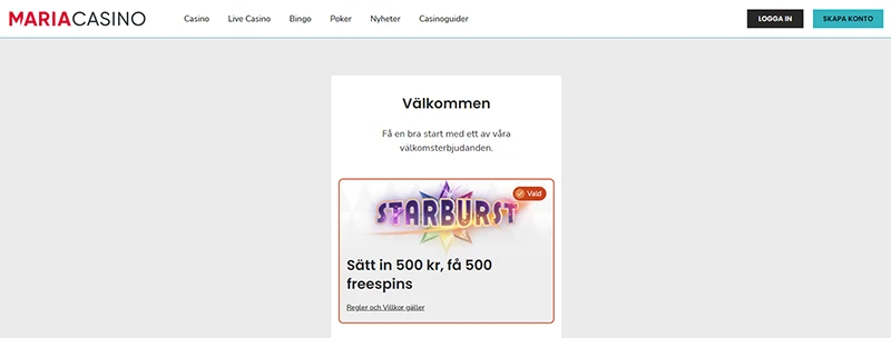 Maria Casinos hemsida och free spins bonus.