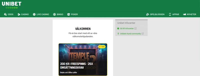 Unibets hemsida och free spins bonus.