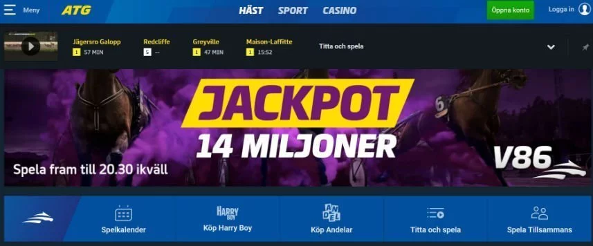 Skärmdump från ATG:s hemsida. Visar menyerna högst upp och längst ned. I mitten är reklam för en jackpot på 14 miljoner kr på V86. 