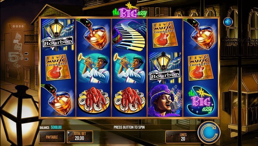 Bilden visar casinospelet Big Easy. Du kan se spelytan med dess musikinspirerade symboler och kontrollfältet med insats och startknapp.