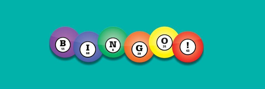 Sex bingobollar syns, vardera har en bokstav och tillsammans bildar de ordet Bingo!. Bakgrunden är babyblå. 