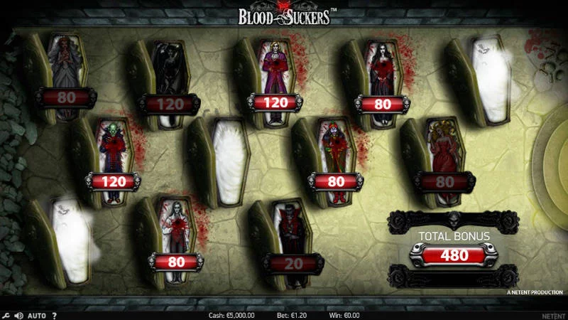 Blood Suckers bonusspel. På bilden ser vi 13 olika likkistor. Det är upp till spelaren att välja rätt kista för att förhoppningsvis få en vinst. 