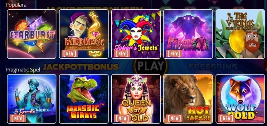 Här ser vi ett urval av spelautomater som finns att spela på Chanz Casino. Vi ser bland annat Starburst, Jokers Jewels, Jurassic Giants och Hot Safari. 
