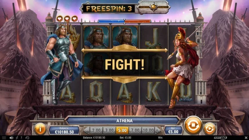 Bilden visar bonusspelet i Divine Showdown där två gudar möter varandra i strid.