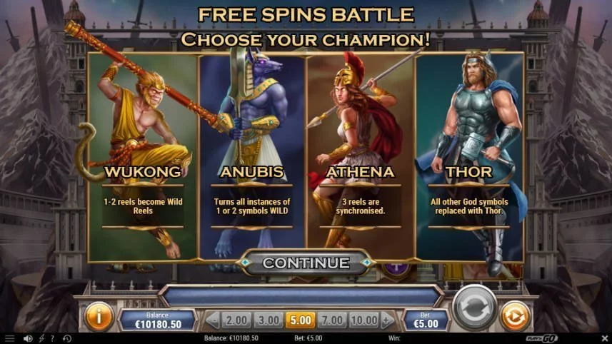 Freespins i Divine Showdown. Du får välja mellan fyra olika gudar som står för temat av frispelsläget. 