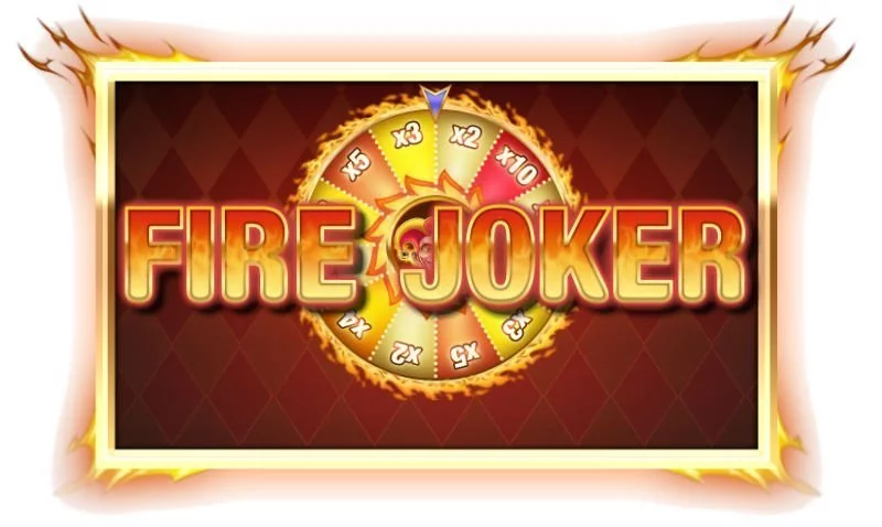 Logotyp från Fire Joker. Texten Fire Joker står skriven i eld. Bakom texten syns ett lottohjul. Bilden är inramad och den vita ramen har eld som kommer ur de fyra hörnen.