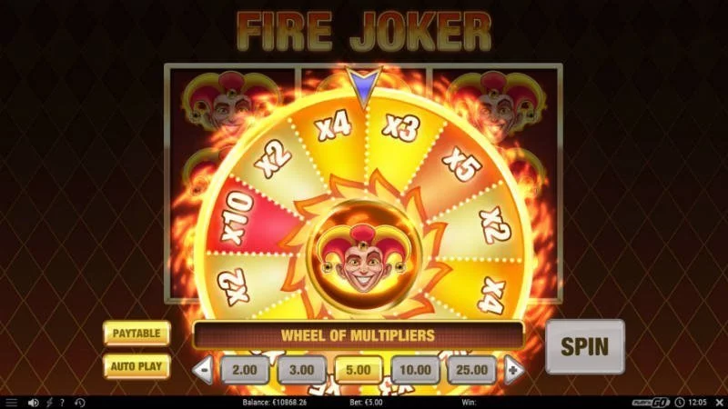 Bilden visar funktionen Wheel of Multipliers i Fire Joker. Det är ett hjul i gula och röda nyanser med olika stop markerade från x2 till x10. Det syns eld vid hjulets kanter.