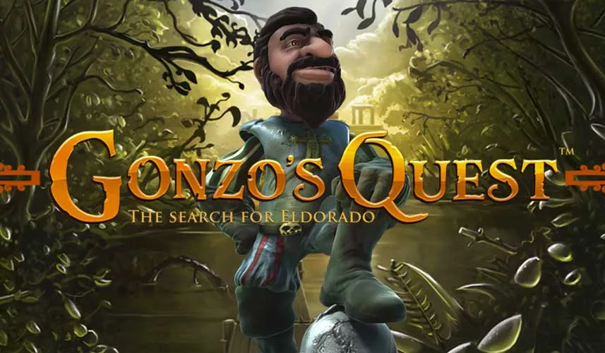 Grafik från spelet Gonzos Quest. Visar en djungel. I mitten av bilden står karaktären Gonzo. Över bilden står texten: 