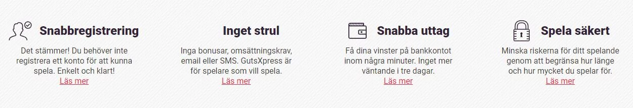 Denna bilden beskriver registrering, insättningar, uttag och säkerhet på Guts Xpress.