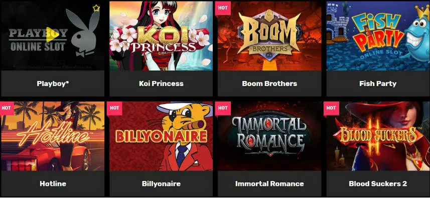 Ett urval av olika casinospel som finns tillgängliga på Hyper Casino. Vi ser Playboy online slot, Koi Princess, Boom Brothers, Fish Party, Hotline, Billyounaire, Immortal Romance och blood Suckers 2. 