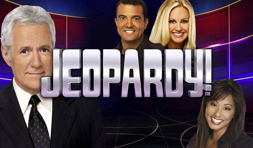 Jeopardy slot logga med programledare i bakgrunden