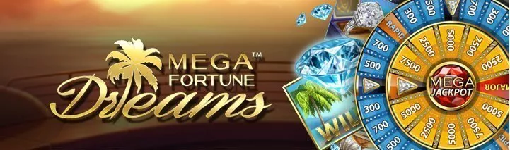 Banner tillhörande spelet Mega Fortune Dreams. Vi ser spelets logotyp til lvänster, till höger ser vi spelets jackpotthjul och diamanter.
