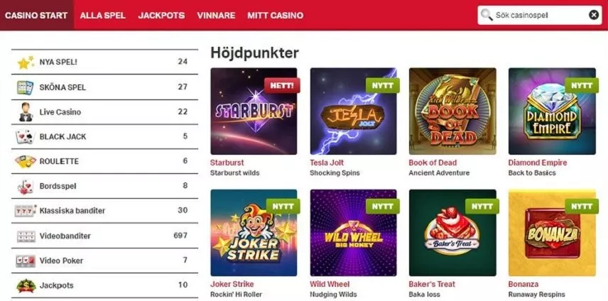 Bilden visar ett urval av olike spelautomater och spelkategorier som finns tillgängliga på Mobilautomaten