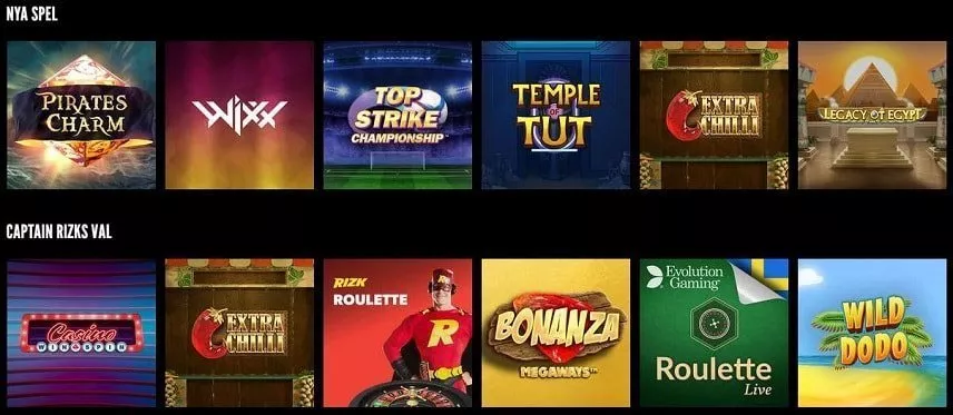 Bilden visar ett urval av casinospel tillgängliga på Rizk. Vi ser bland annat Pirate Charms, Wixx, Extra Chilli, Rizk Roulette och Bonanza Megaways.