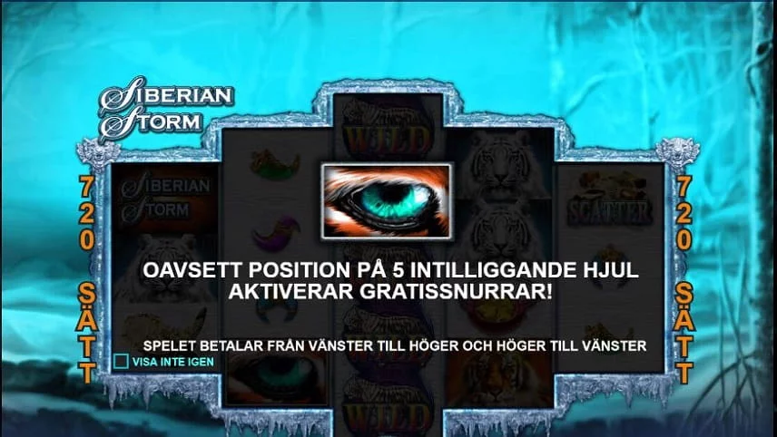 Bilden förklarar freespins i Siberian Storm. Det krävs 5 scatters för freespins