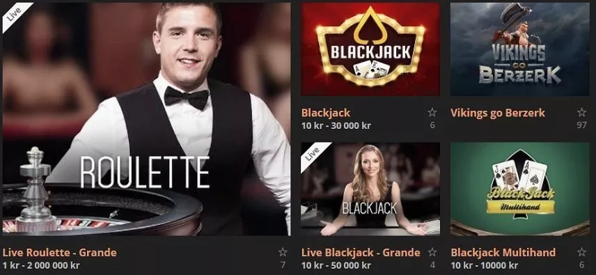 Bilden visar ett urval av spel tillgängliga på Storspelare. Här ser vi livespelen Roulette, Blackjack, Live Blackjack, Blackjack Multihand och Vikings go Berzerk. 