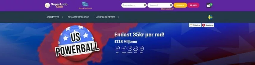 Skärmbild från Superlottoclubs startsida. Inlogningsmenyn syns och under är en bild på US Powerball. 