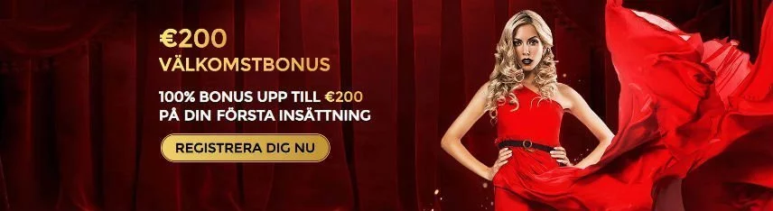 Reklambanner som visar Unique Casinos välkomsterbjudande. Vid sidan av erbjudandet står en kvinna klädd i en röd klänning som lufts upp av vinden. Hon står vi vad som ser ut att vara en teaterscen.