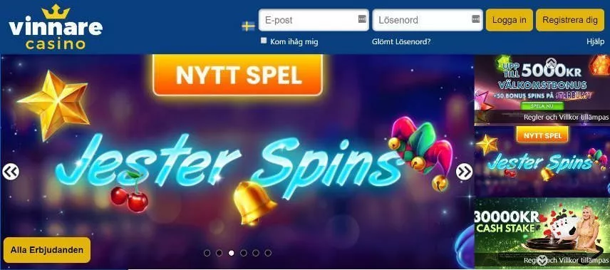 Skärmbild från Vinnare Casinos startsida. Överst ser vi casinots logotyp samt inloggnings- och registreringsalternativ. Nedanför ser vi reklam om casinospelet Jester Spins.