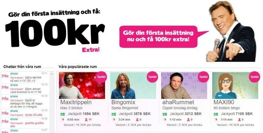 ahaBingos hemsida. Vi ser reklam för deras erbjudande högst upp med text och en bild på Peter Sjögren. Under hittar vi ett urval av bingo spel där Arga Snickaren, Anders Timell, Per Morberg och bingots egna tecknade figur. 