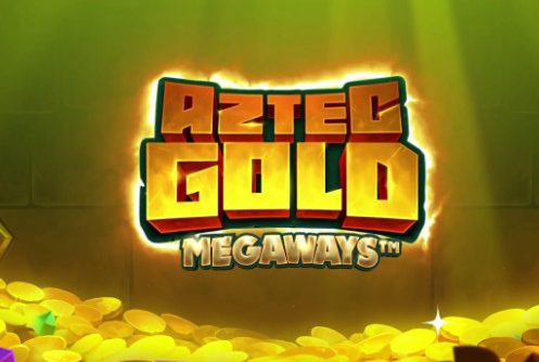 Bilden visar Aztec Gold Megaways logotyp samt en bakgrund med guldmynt på marken och ett grönt sken.