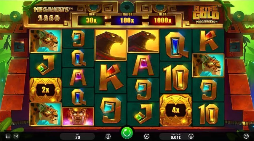 Här ser vi casinospelet Aztec Gold Megaways. Större delen av bilden täcks av spelytan som består av olika symboler i form av djur och bokstäver. Över spelytan ser vi spelets tre jackpottar (mini, major och mega). Spelytan är inramad i vad som antas vara ett tempel. Längst ned på bilden ser vi kontrollfältet. 