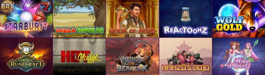 Här ser vi några av de spel som finns att spela på Bajungo. Vi ser bland annat Startburst, Mega Moolah, Book of Dead, Reactoonz, Vikings Go Berzerk och Hanzos Dojo.