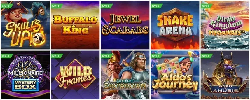 På bilden ser vi ett urval av nya spel som lanserades på Betsson i januari 2020. Vi ser bland annat Skulls UP!, Snake Arena, Wild Frames och Ankh of Anubis.