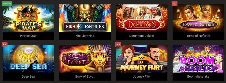 Här ser vi ett antal spel som finns på BitStarz. Vi ser bland annat Pirates Map, Deep Sea och Journey Flirt.