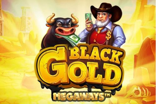 Logotyp och grafik från casinospelet Black Gold MegaWays. Grafiken föreställer en tjur och en man i hatt och vitt skägg