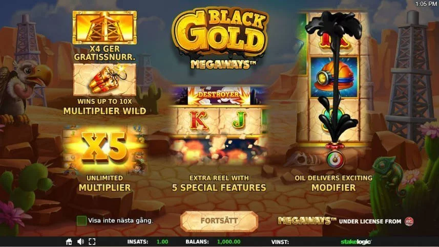 Skärmbild från menyn i Black Gold Megaways. Den visar alla de bonusar som beskrivits i recensionen.