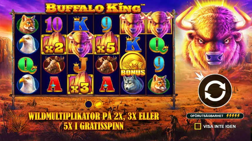 Bild från menyn i casinospelet Buffalo King. Här ser vi hur wilds fungerar som multiplikatorer när frispelsläget är aktiverat.