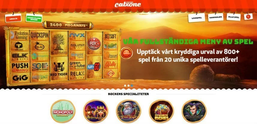 Skärmbild från Casino Calzones hemsida