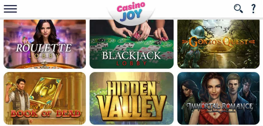 Ett urval av spel tillgängliga på Casino Joy. Vi ser Roulette, Blackjack, Gonzos Quest, Book of Dead, Hidden Valley och Immortal Romance. 