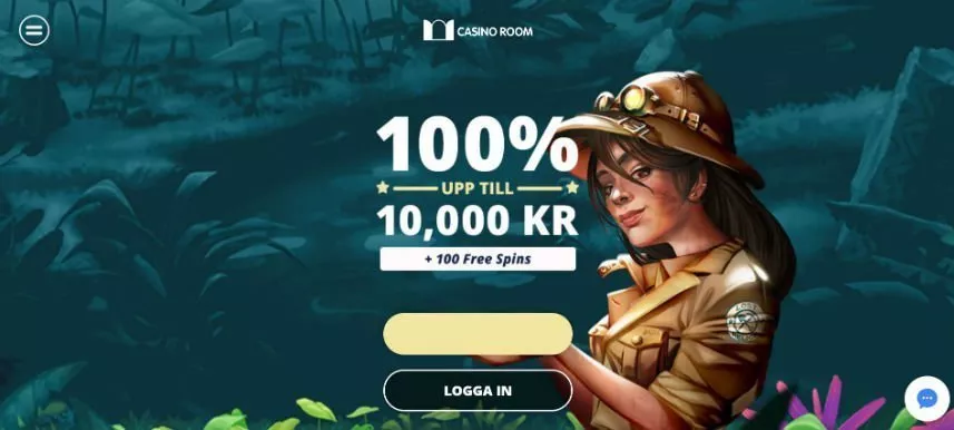 Skärmbild från Casino Rooms hemsida. Menyn syns i övre vänstra hörnet, live chatten i vänstra nedre hörnet. I bilden center syns texten: 