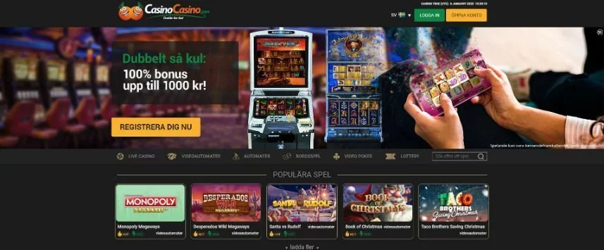 Skärmbild som visar Casinocasinos startsida.
