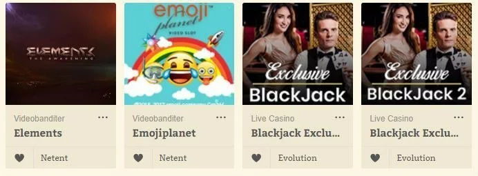 Här ser vi fyra spel från Casinostugan. På bilden ser vi spelen Elements, Emojiplanet, Black Jack 1 och Black Jack 2.