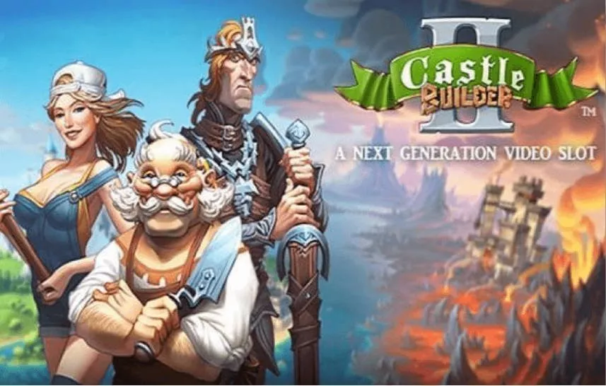 Grafik som visar karaktärer och logotyp från casinospelet Castle Builders 2