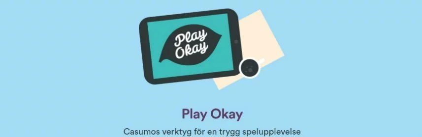 Denna bilden visar Casumo Cares, ett initiativ för ansvarsfullt spelande. På bilden syns en surfplatta, under denna står det "Play Okay Casumos verktyg för en trygg spelupplevelse".