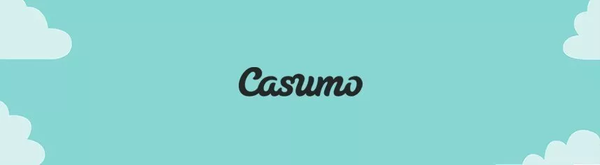 Casumos logotyp står skriven i svart text. I bakgrunden är en grönblå himmel med moln i de fyra hörnen.