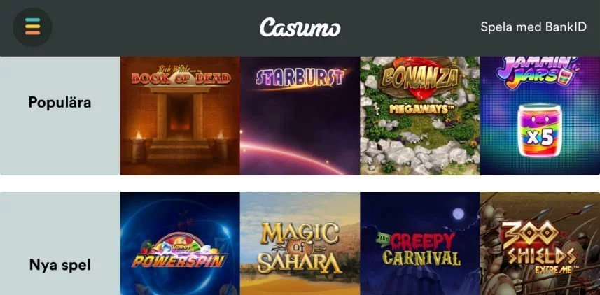 Denna bilden visar ett urval av online slots som finns tillgängliga på Casumo casino. Vi ser även två olika spelkategorier; Populära och Nya spel. 
