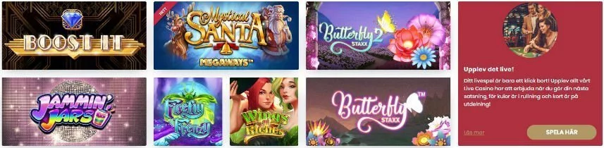 Bilden visar ett urval av online slots tillgängliga på Cherry Casino. Bland spelen vi ser på bilden hittar vi bland annat Jammin Jars och Butterfly Staxx.