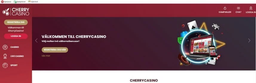 Skärmbild som visar startsidan från Cherry Casino.