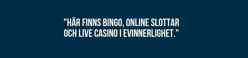 Mörkblå banner. I mitten av bilden står texten 2Här finns bingo, online slottar, och live casino i evinnerlighet". 
