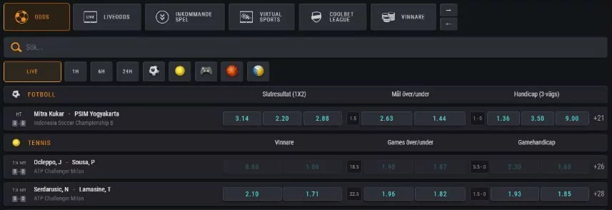 Här ser vi Coolbets odds. Bilden innehåller navigation för de olika typerna av odds samt några, när bilden var tagen, aktuella odds. Bakgrunden är svart och ikoner blir orange när man klickar på dem.