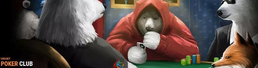 På denna bilden ser vi fyra isbjörnar och en räv klädda i människokläder spela poker mot varandra.